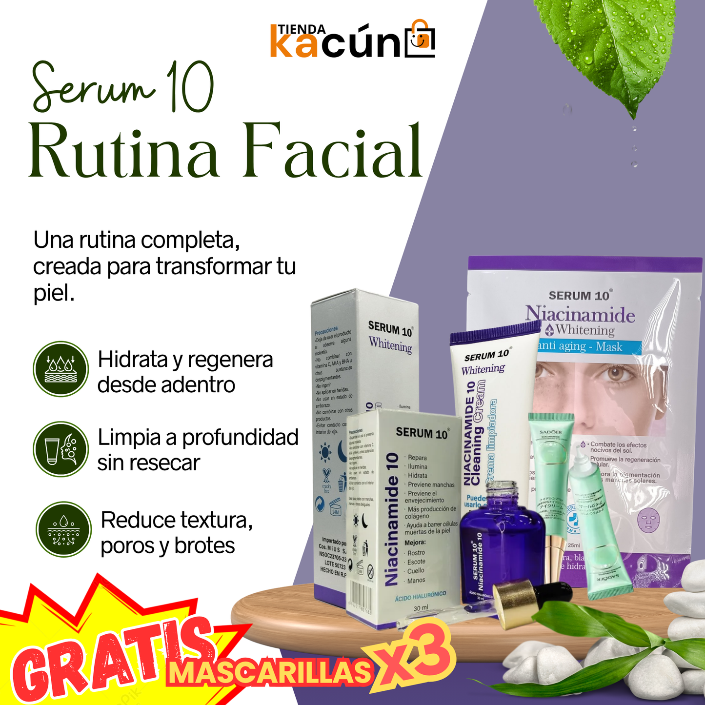 Serum 10 + Crema Limpiadora + Aclarante + 3 Mascarillas GRATIS