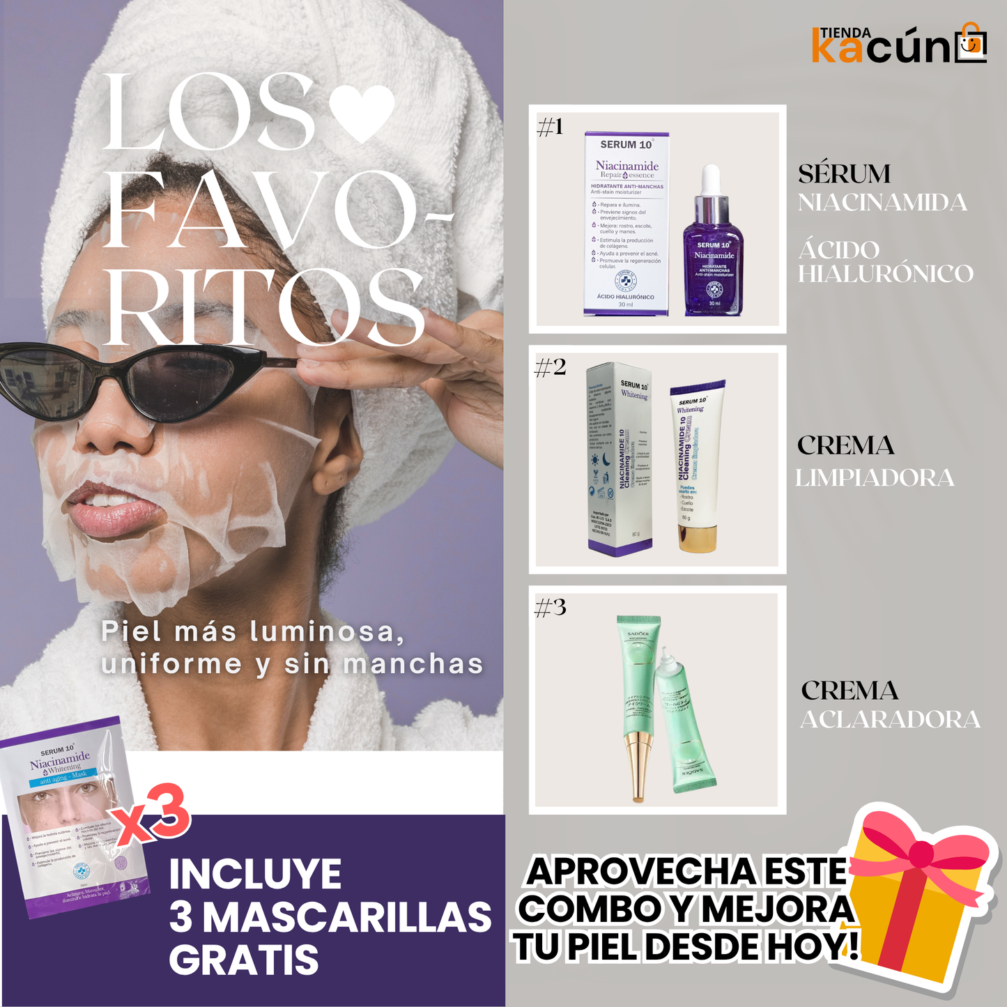 Serum 10 + Crema Limpiadora + Aclarante + 3 Mascarillas GRATIS