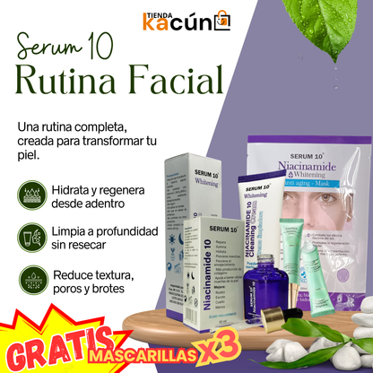 Serum 10 + Crema Limpiadora + Aclarante + 3 Mascarillas GRATIS